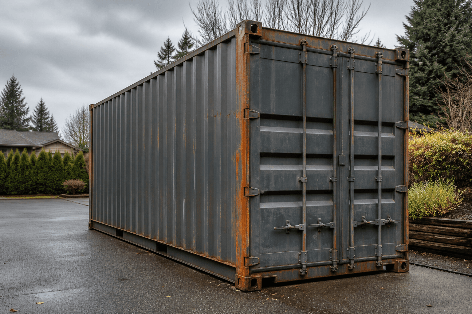 Steel portable storage container on a residential driveway